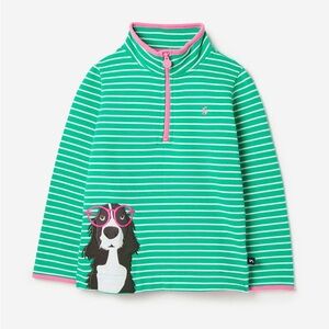 Joules Girls Green Stripe Zip Sweatshirt with Dog Applique, Size 7 Years
